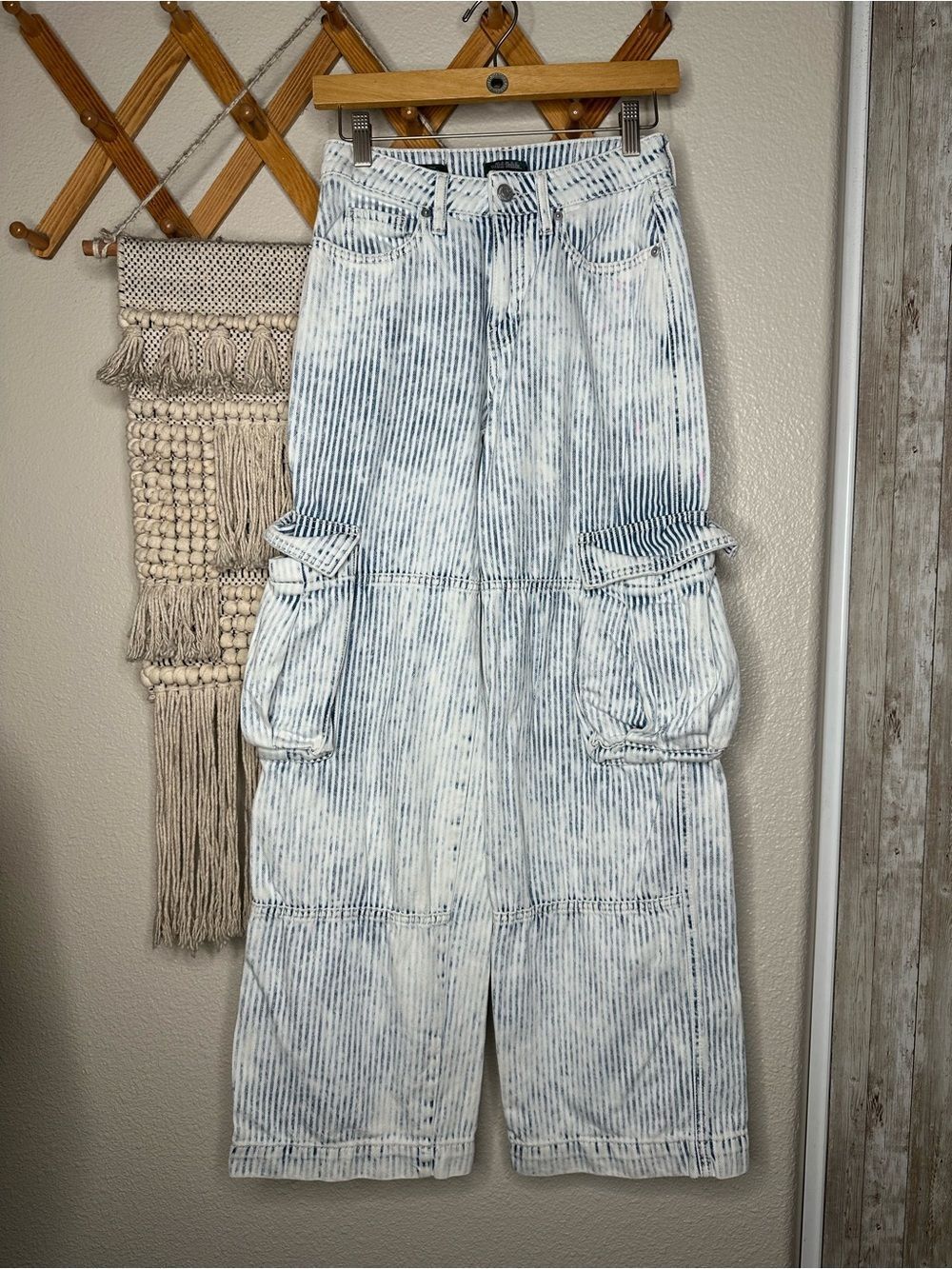 wild fable White and Blue Railroad Striped Wide-Leg Cargo Jeans